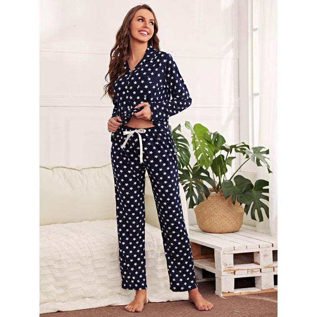 Pijama Cárdigan con estampado de estrellas Conjunto de ropa de casa de manga larga