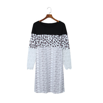 Wholesale Women's Stripe Stitching Leopard Loose Casual Lace Long Sleeve Dress