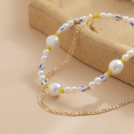Stretch Imitation Pearl Beads Anklet Set Thin Chain Beaded Anklet