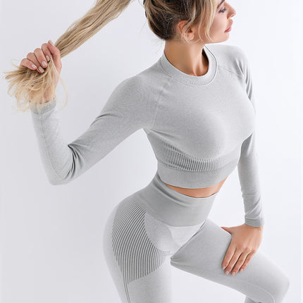 Wholesale Women's Solid Color Line Sport Yoga Seamless Long Sleeve Top Leggings Two Piece Set