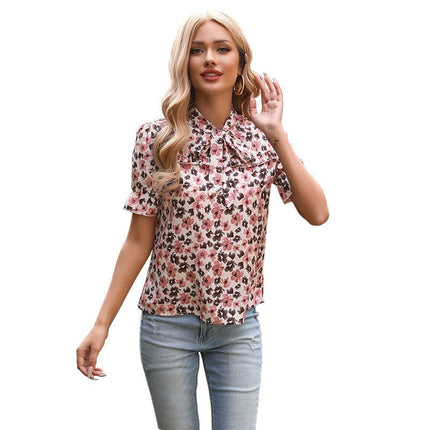 Wholesale Ladies Summer Floral Short Sleeve Pullover Chiffon Shirt Top
