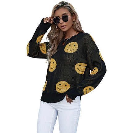 Wholesale Women's Fall Winter Round Neck Smiley Pullover Sweater