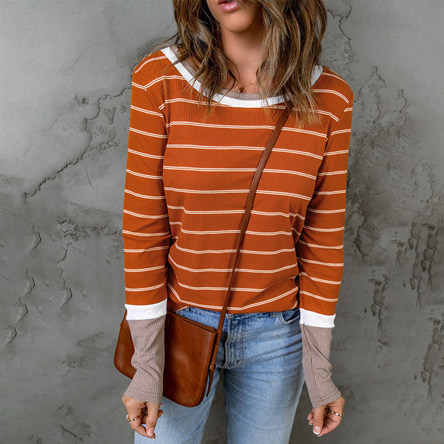 Women's Striped Round Neck Slim Long Sleeved Pullover T-Shirt