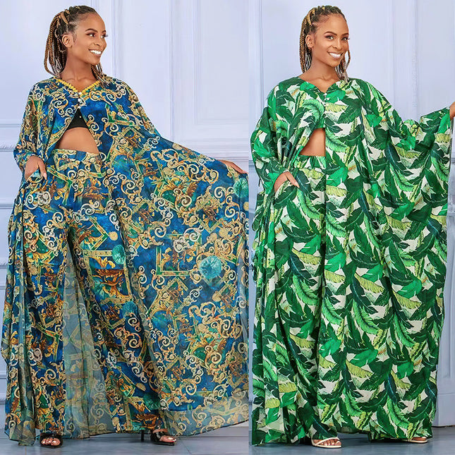 Wholesale African Women's Loose Chiffon Robe Dress Pants Two-Piece Set