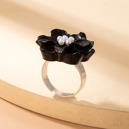 Resin Flower Pearl Single Floral Adjustable Ring