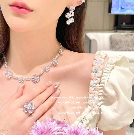 Pink Flower Necklace 18K Gold Plated Zircon Ear Clip Earrings