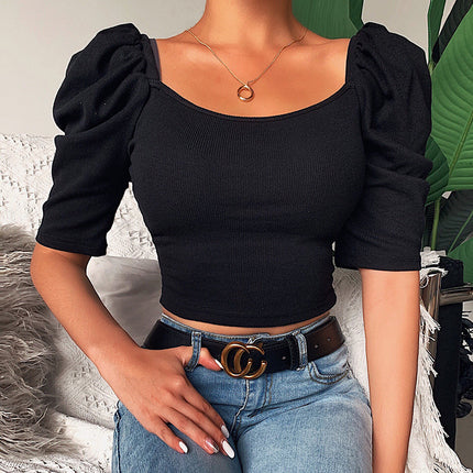 Women's Spring Square Neck Puff Sleeve Short Sleeve T-shirt