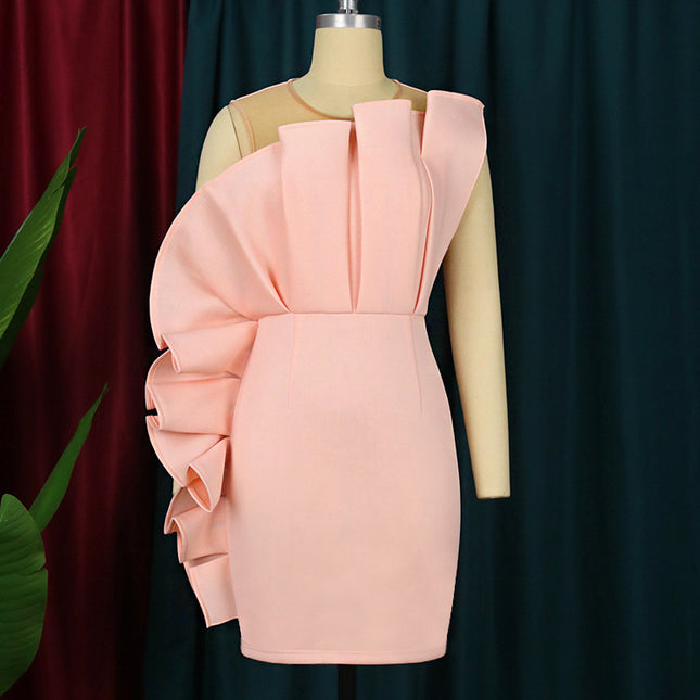 Wholesale Ladies Mesh Perspective Stitching Ruffle Mini Party Dress