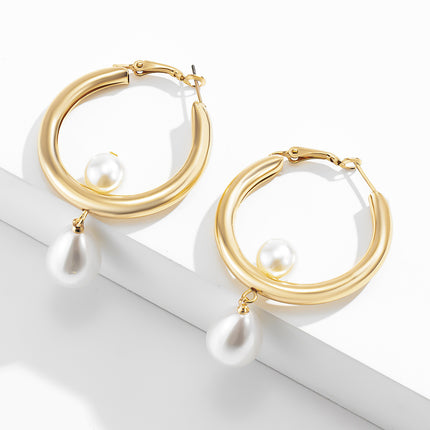 Hollow Out Large Circle Water Drop Pearl Stud Earrings