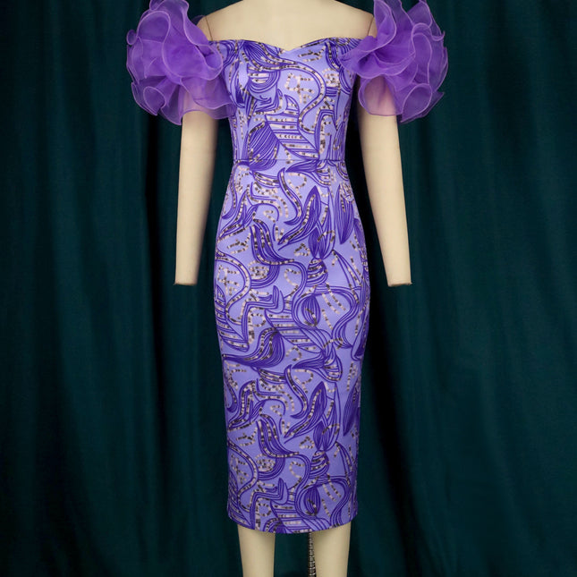 Damen Oversized Sleeve Stitching Printed Hip Party Abendkleid