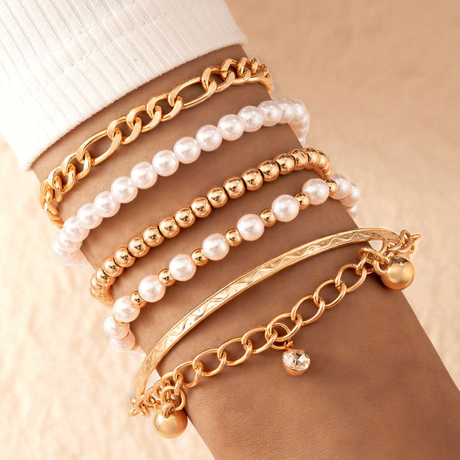 Pearl Beaded Multilayer Bracelet Rice Beads and Diamonds Chain Five Layers Bracelet