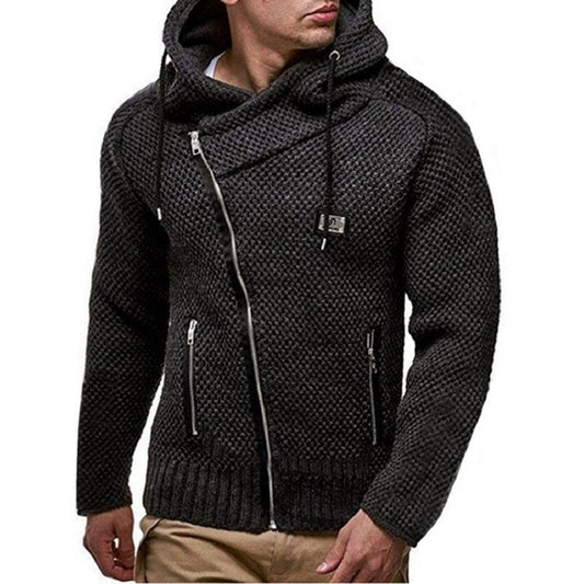 Wholesale Men's Long Sleeve Black Diagonal Zipper Sweater Jacket