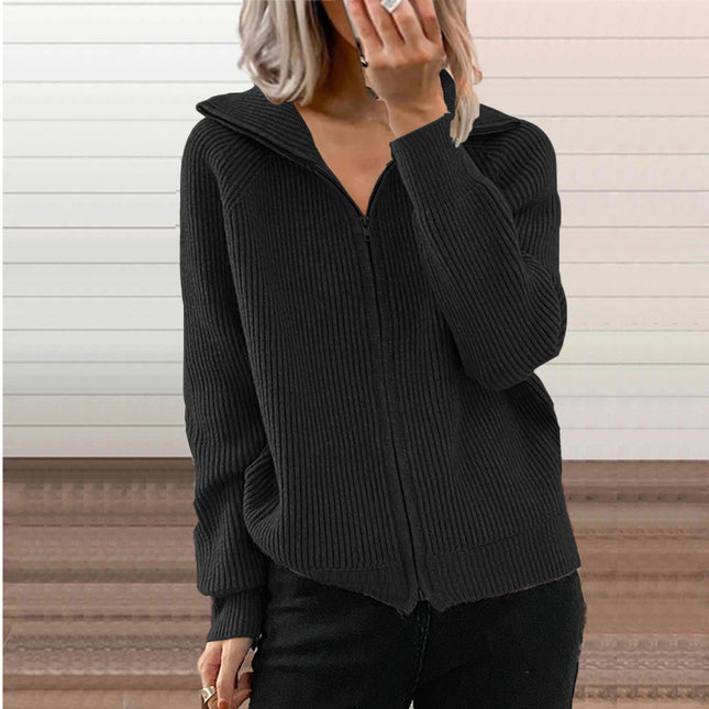 Women Striped Casual Jacket Loose Knit Zip Cardigan Long Sleeve Lapel Sweater