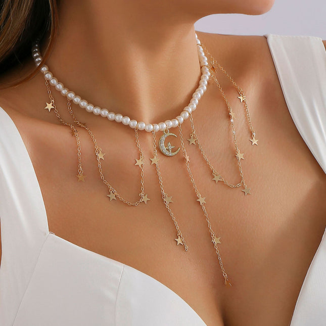 Pearl Clavicle Necklace Rhinestone Tassel Necklace