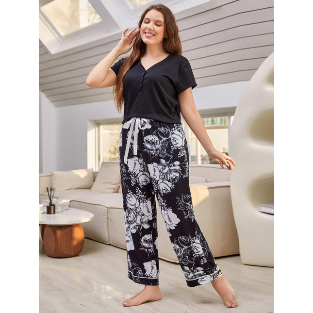Wholesale Ladies Plus Size Pajamas Artificial Cotton Short Sleeve Trousers Homewear Set