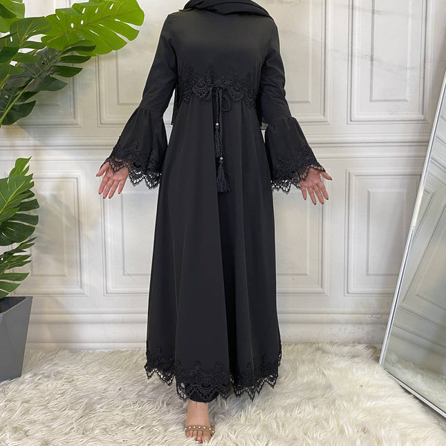 Middle East Muslim Fashion Ladies Lace Stitching Tie Dress