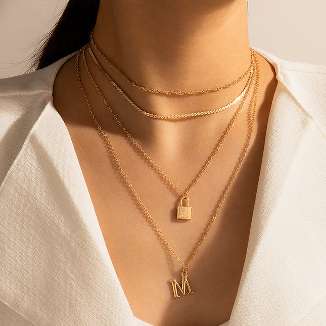 Lock Letter M Pendant Four Layer Necklace Sweater Chain