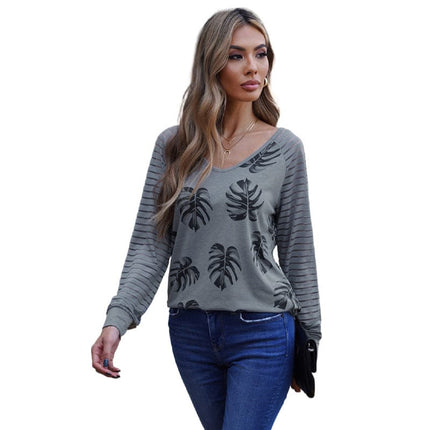 Women's V Neck Striped See-Through Stitching Long Sleeve Sexy Top