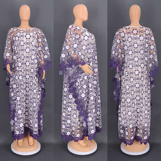 Wholesale African Muslim Women's Embroidered Mesh Robe Suspender Dress Two Piece Set