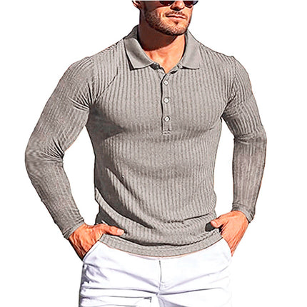 Wholesale Men's Summer Elastic Vertical Stripe Long Sleeve Polo Shirt