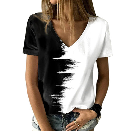 Plus Size Contrasting Color V Neck Short Sleeve Ladies T-Shirt