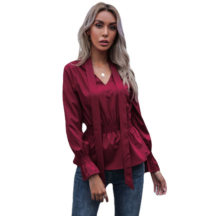 Wholesale Ladies Fall Flared Long Sleeve Waist Solid Color Shirt