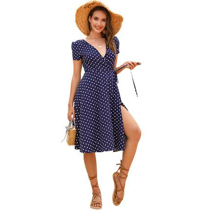 Wholesale Women's Summer Short Sleeve Polka Dot Hem Slit Dress