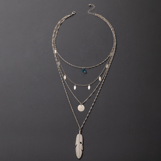 Wholesale Fashion Metal Feather Chain Disc Quadruple Necklace