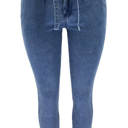 Wholesale Women's Mid Rise Slim Waist Tassel Belt Skinny Jeans