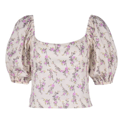 Wholesale Women's Summer Floral Backless Tie Lantern Sleeve Short Shirt