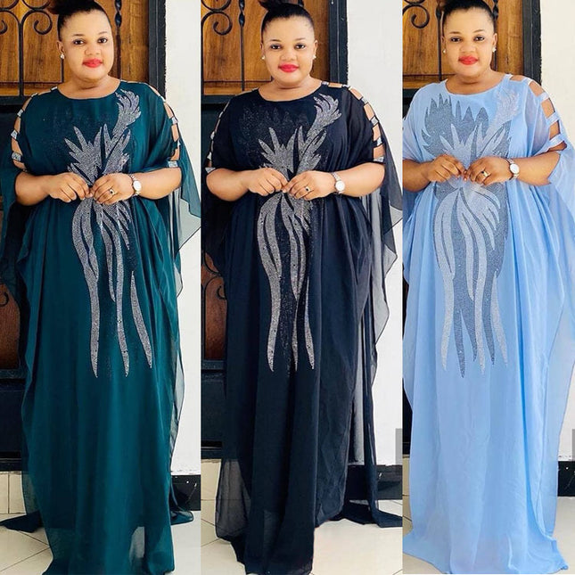 Wholesale African Women's Chiffon Ironing Rhinestones Dress Fake Two-Piece