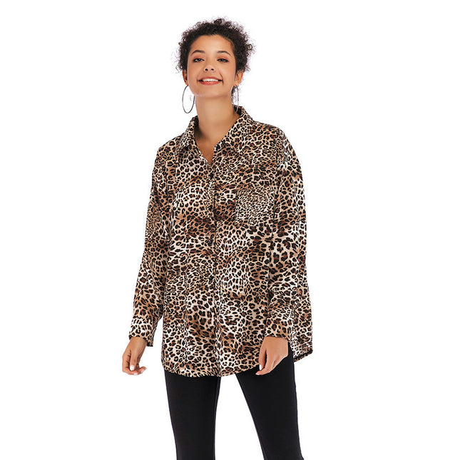 Camisa de mujer de manga larga con cárdigan de gasa con estampado de leopardo de otoño
