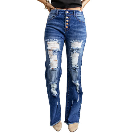 Wholesale Ladies High Waist Loose Denim Ripped Flared Jeans