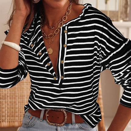Wholesale Women's Striped Long Sleeve Button Neck Pullover T-Shirt