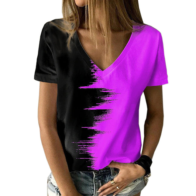 Camiseta de mujer de manga corta con cuello en V de color contrastante de talla grande