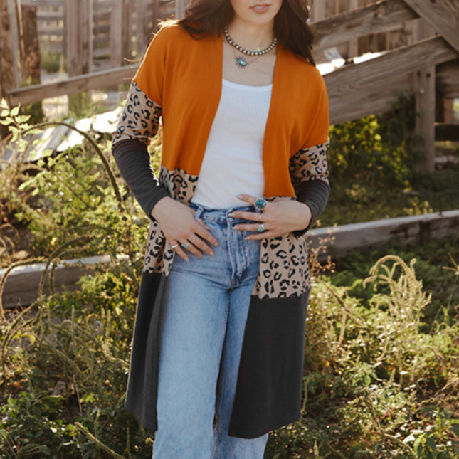 Wholesale Leopard Print Contrasting Color Ladies Mid Length Knit Cardigan