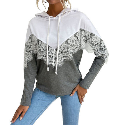 Wholesale Ladies Autumn Long Sleeve Lace Stitching Hooded Hoodie