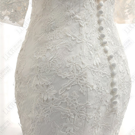 Schulterfreies Meerjungfrauenschwanz-Spitzen-Langarm-Hochzeitskleid