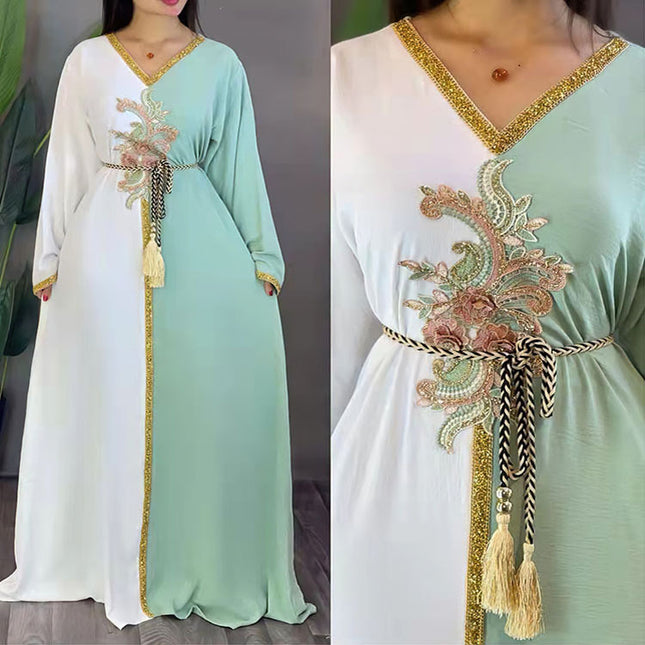 Wholesale Muslim Women's Water-Soluble Gold Powder Flakes Jacquard Dress Two Piece Set