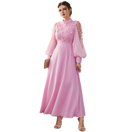Langärmliges Swing-Kleid mit Puffärmeln und Applikationen für Damen