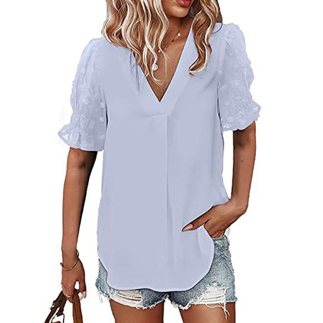 Wholesale Women's V-Neck Chiffon Shirt Fur Ball Short Sleeve Casual Loose Shirt Top
