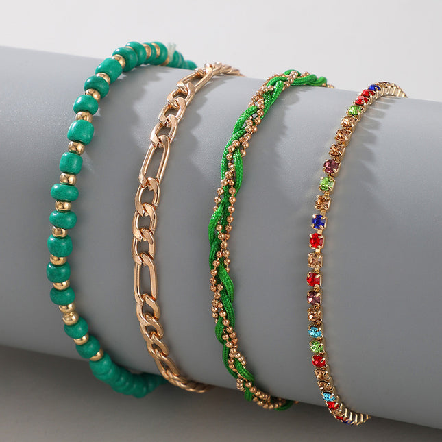 Green Beaded Braided Colorful Rhinestone Four-Tier Anklet