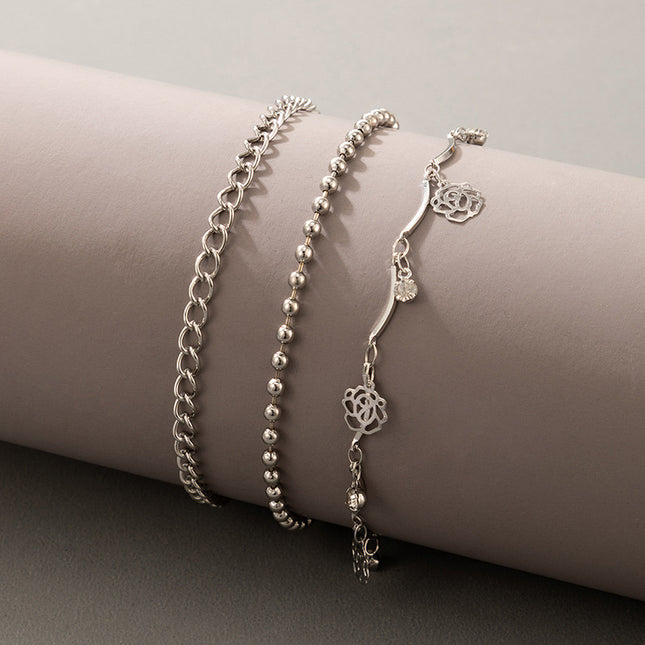 Rose and Diamond Ball Bead Chain Anklet Set