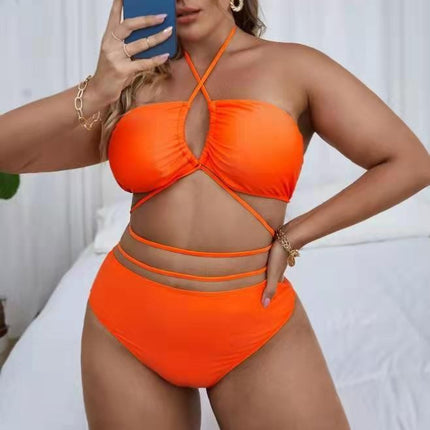 Traje de baño de bikini dividido de color sólido de talla grande para mujer