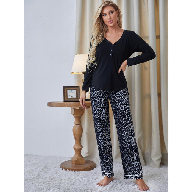 Pijama de mujer con cuello en V y manga larga con pantalones de leopardo