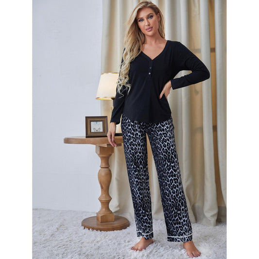 Ladies Loungewear V Neck Long Sleeve Leopard Pants Pajamas