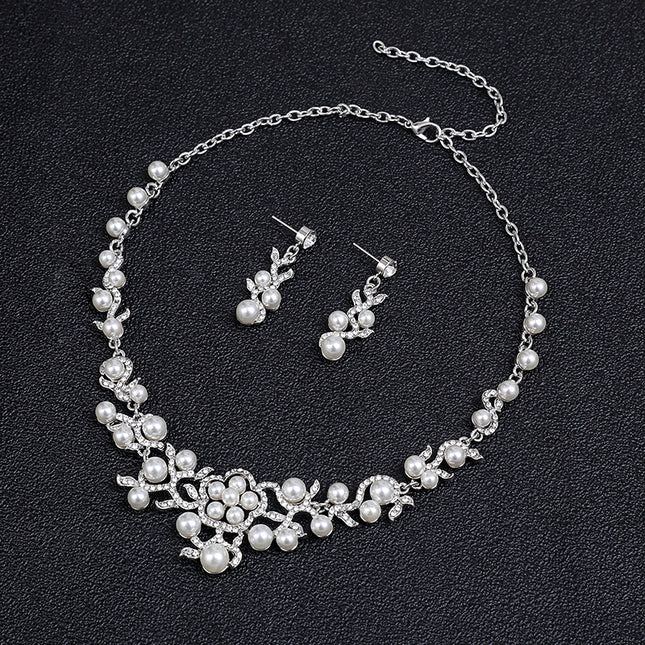 Conjunto de pendientes de collar de perlas Accesorios de joyería nupcial Conjunto de dos piezas de aleación