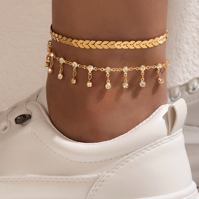 Rhinestone Tassel Double Anklet Geometric Aircraft Chain Multilayer Anklet