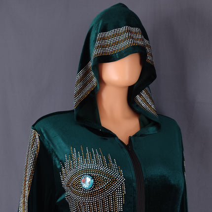 Wholesale Muslim Women's Korean Suede Ironing Rhinestone Long Sleeve Hooded Robe
