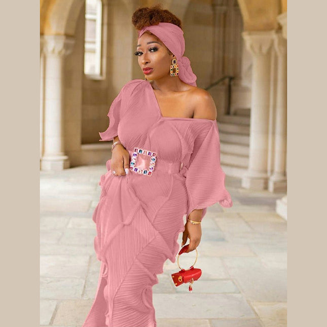 Wholesale African Women Ruffle Loose Chiffon Dress Pearl Belt